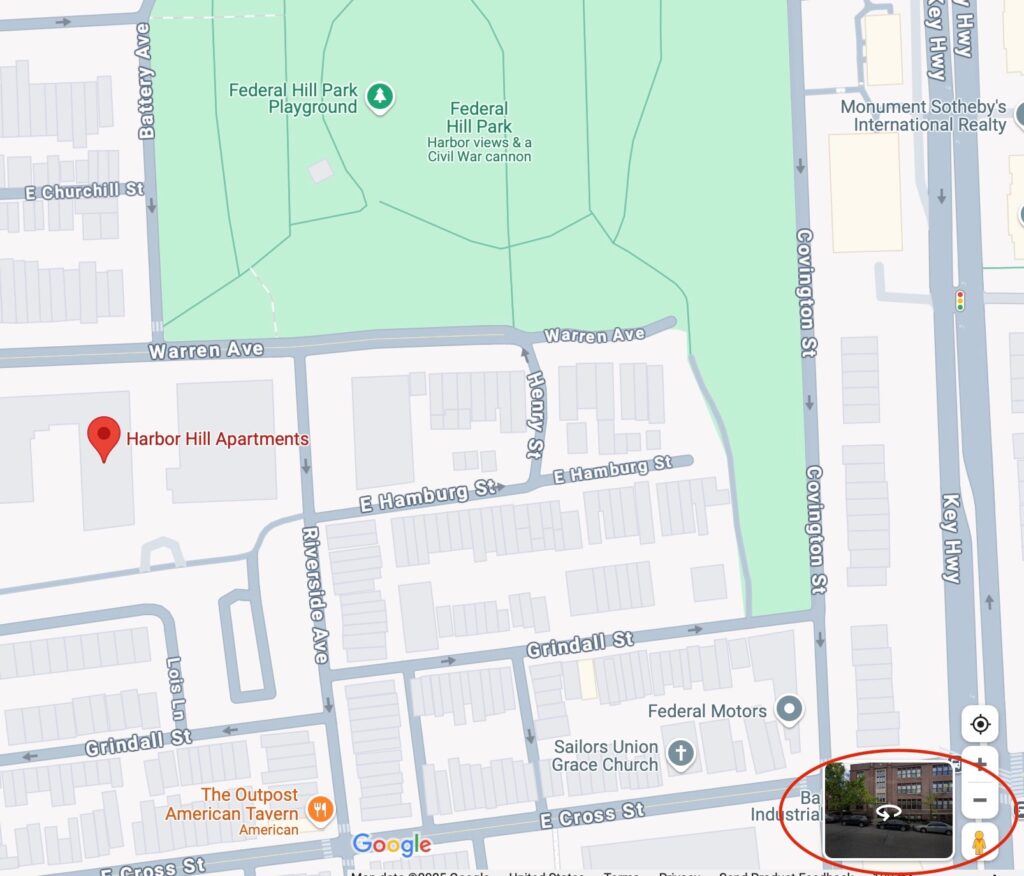 Google map of Baltimore focused on the Federal Hill neighborhood. There is a red circle around the Street View icons in the bottom right corner.